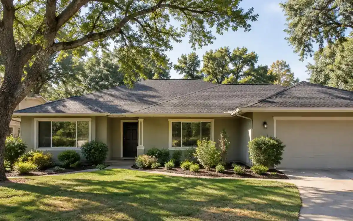 New asphalt shingle roof on a ranch-style home with oak trees
