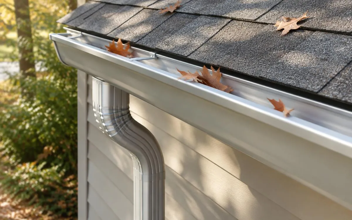 Clean roof gutter and downspout with a few oak leaves