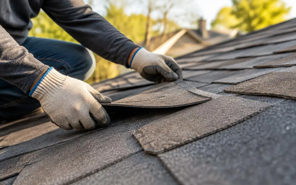 Roofer replacing asphalt shingles on a pitched roof