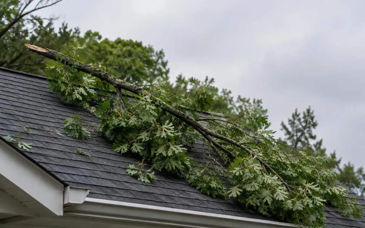 Fallen oak branch on a shingle roof after a storm